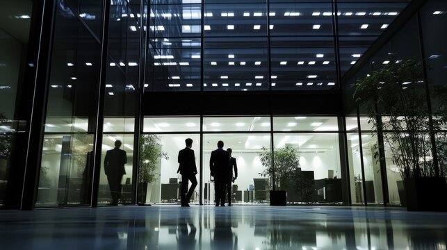 Professional team collaboration in a modern office building – diverse group of business professionals engaged in a productive meeting, discussing strategies and analyzing data in a bright, contemporar - Powered by Adobe