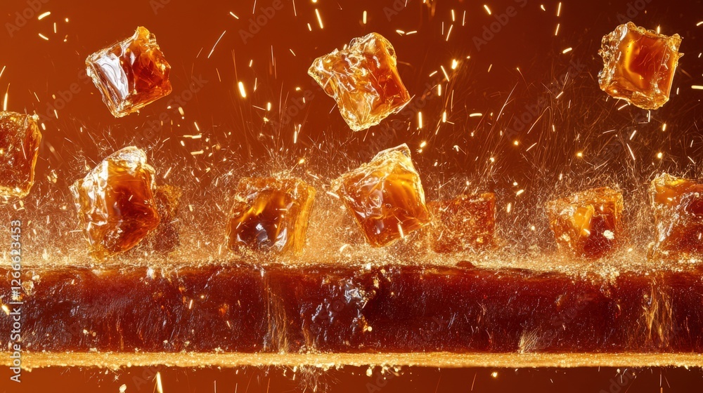 Poster ice cubes splashing into a dark soda drink, with droplets and bubbles creating dynamic motion