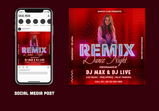Remix Dance Night Editable Social Media Post of Upcoming Party Events for Night Club, Disco or Bars.