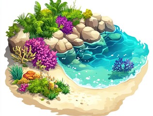 Colorful coral reef with tropical vegetation near clear blue water