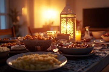 Obraz premium Warmly lit table adorned with traditional dishes, lanterns creat