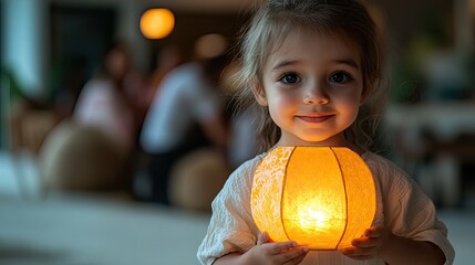 Warm glow of lantern illuminates joyful child, embodying festive