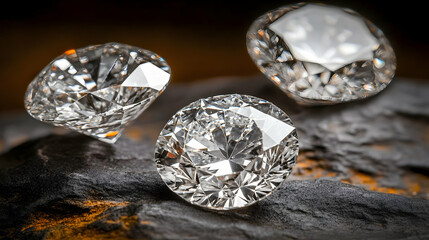 Diamonds on dark stone. Close up view of precious gemstones. Jewelry and Gemstones for Luxury Products