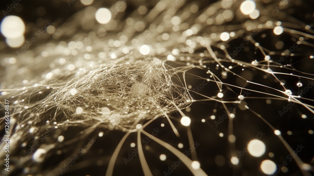 Poster abstract representation of interconnected particles and light in a dark space, suggesting depth