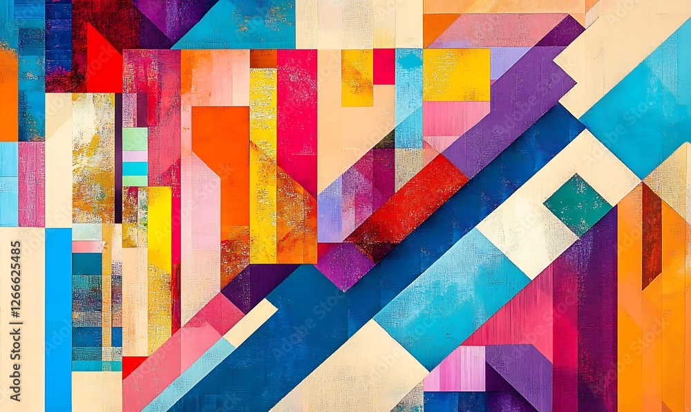Poster a vibrant abstract composition with colorful geometric shapes and patterns in a bold design