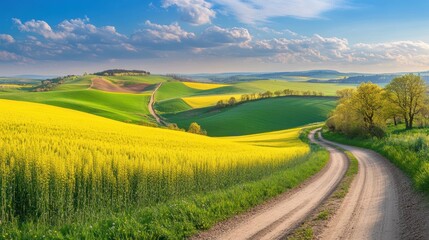 Obraz premium Winding road through vibrant spring fields, hills in background, idyllic landscape