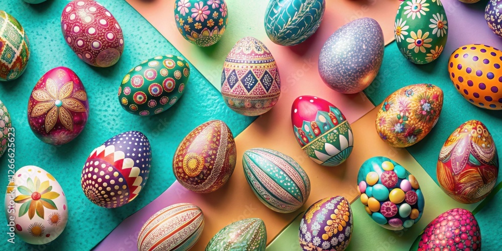 Poster a colorful collection of ornate hand-painted easter eggs on a multi-colored background