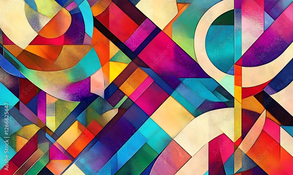 Poster a vibrant abstract composition with colorful geometric shapes and patterns in a bold design