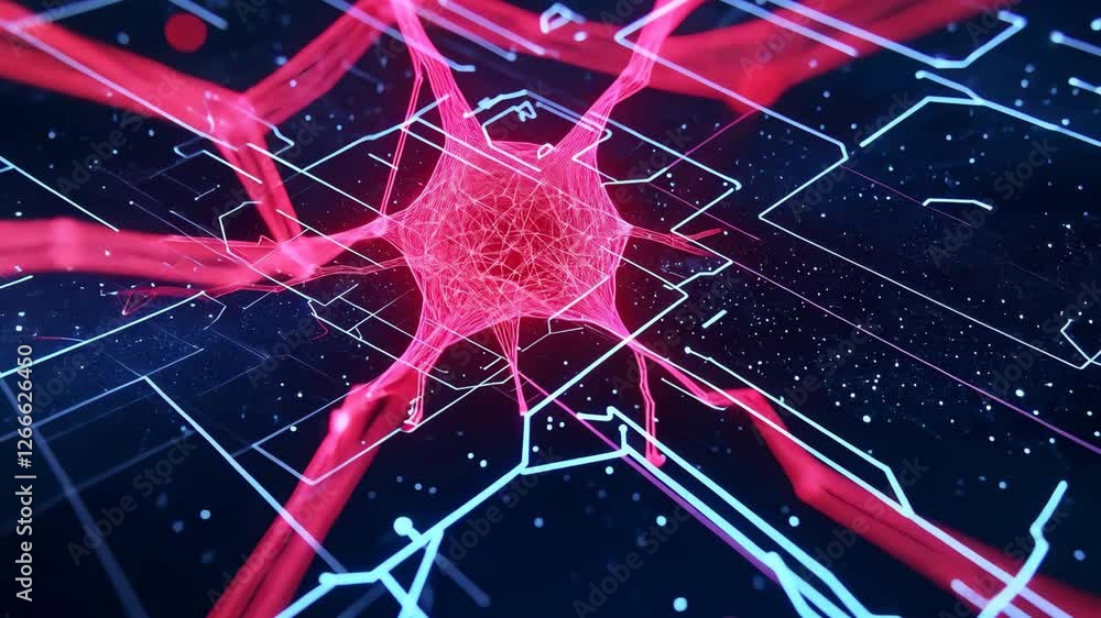 Poster futuristic digital representation of neural network glowing red connections, blue circuitry, and adv