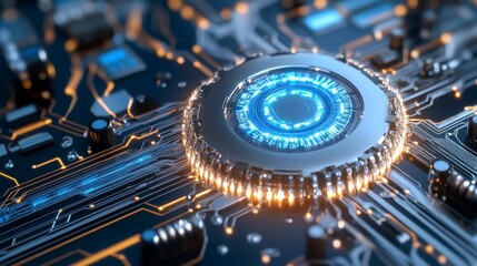 Detailed Central Processing Unit on Circuit Board with Glowing Blue Light and Gold Traces