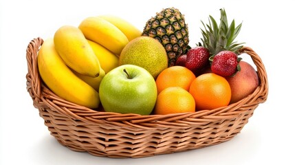Elegant Wicker Basket Filled with Mixed Tropical Fruits Against White Backdrop Studio Shot