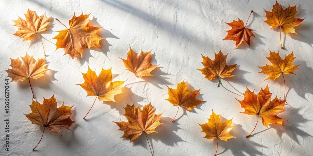 Poster golden autumn leaves arranged on a light textured surface in a natural sunlight setting