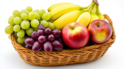 Fruit Basket Displaying Grapes Apples and Bananas on a White Background Still Life