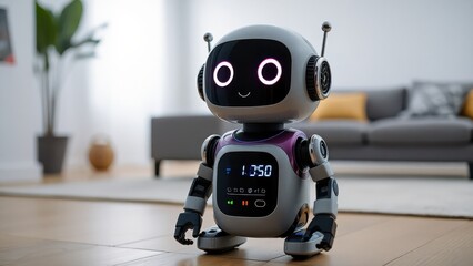 a small, friendly robot with illuminated eyes and a digital display on its chest, placed in a modern, softly lit living room