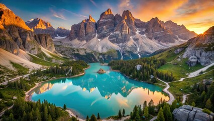 Sorapis Lake at Dawn, Aerial View of Serene Lake Surrounded by Towering Mountains, mountains, serene landscape