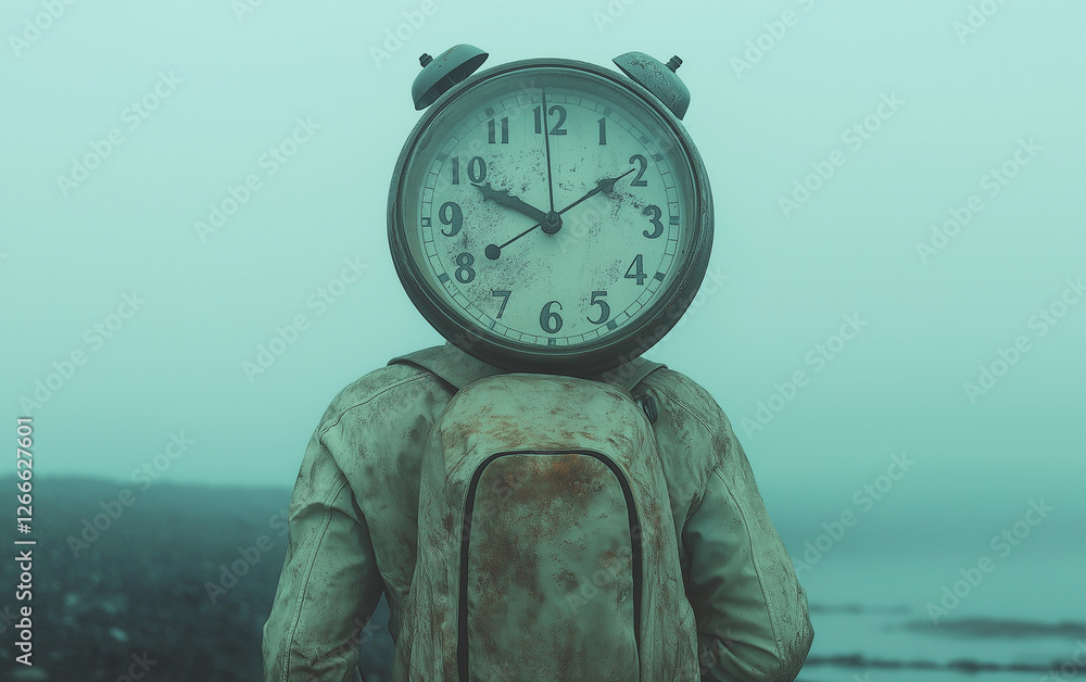 Poster lying flat. quiet quitting burnout. a whimsical figure carries a large clock in this creative abstra