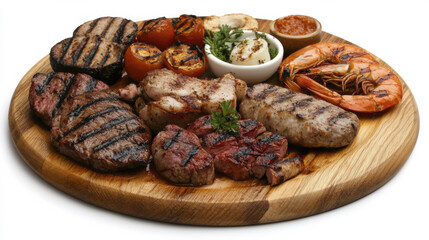 Delicious grilled meats including steak, chicken, and shrimp on wooden platter
