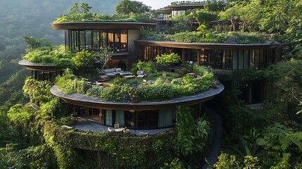 Naklejka premium Eco friendly hotel with lush rooftop gardens, open atriums, seamless transitions between indoor and outdoor