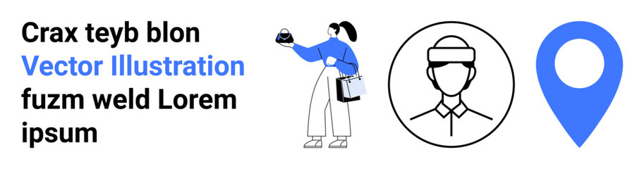 Woman holding package, carrying shopping bag, person profile icon, blue location pin. Ideal for delivery service, logistics, e-commerce, customer profile, navigation shipment tracking flat landing