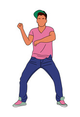 Man dancing street dance in urban hip hop style. Dancer jumping and dancing break dance. Cartoon character. Vector flat illustration isolated on white background.