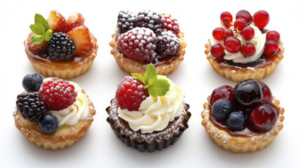 Delicious fruit tarts with berries, cream, and mint leaves, perfect for dessert
