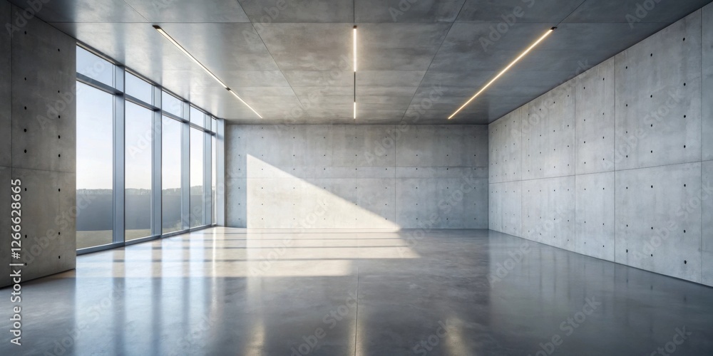 Poster vast empty modern room with large windows and concrete walls illuminated by linear lighting