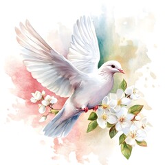Fototapeta premium A white dove soars gracefully above delicate flowers while soft watercolor hues illuminate the background, creating a peaceful and serene atmosphere in nature.