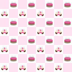 Cake with hearts and candles repeat pattern.Birthday cake seamless pattern.Vector graphic illustration.
