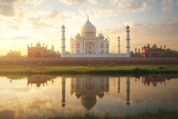 Obraz premium Sunrise Taj Mahal reflection, Agra, India, tourism