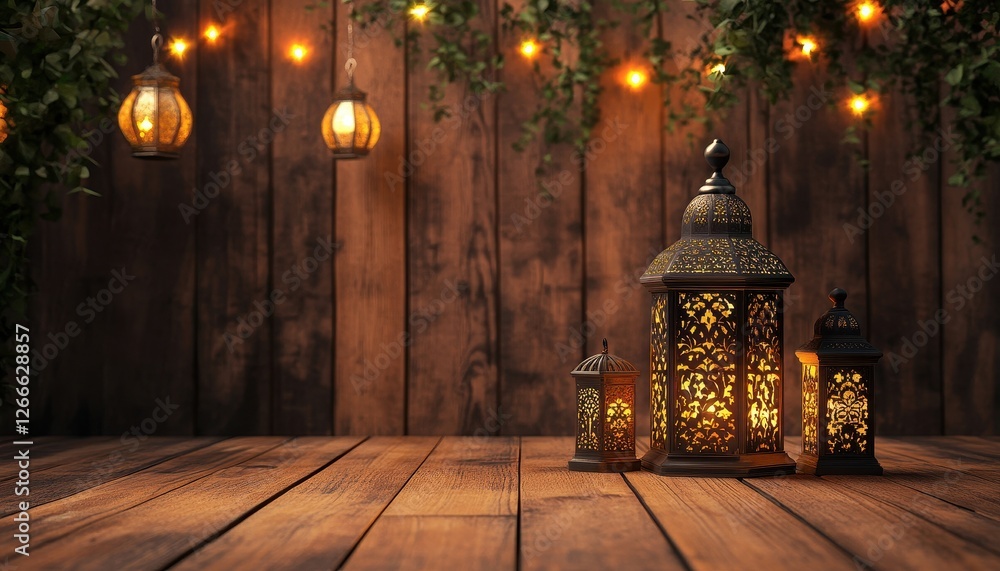 Poster ornate metal lanterns on wooden table with warm string lights