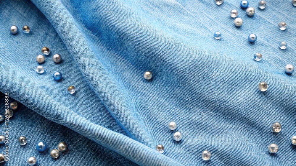 Aufkleber close-up view of softly draped denim fabric adorned with scattered lustrous pearls and beads in vary