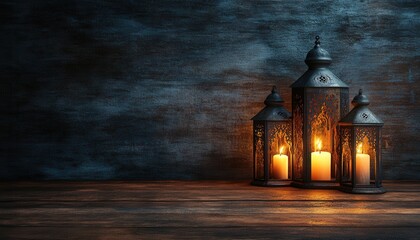 Fototapeta premium Ornate Metal Lanterns with Burning Candles on Rustic Wooden Surface