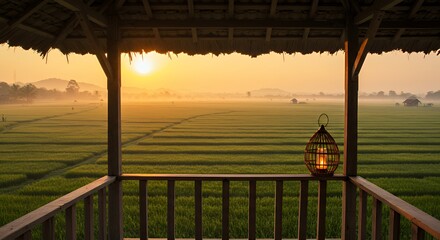 Sunrise Over Rice Field Seen From Gazebo with Traditional Lantern