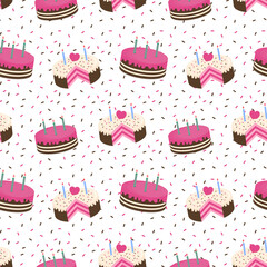 Cake with heart and candles repeat pattern.Birthday cake seamless pattern isolated on white background.Vector graphic illustration.