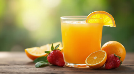 Fototapeta premium glass of fresh orange juice with fresh fruits