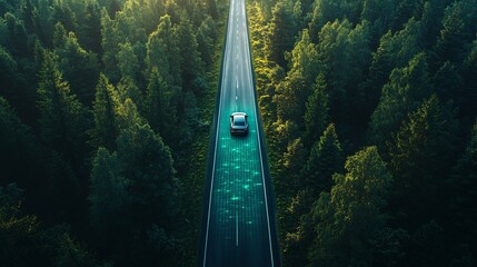 Aerial View of Smart Vehicle on Technology Road Surrounded by Trees