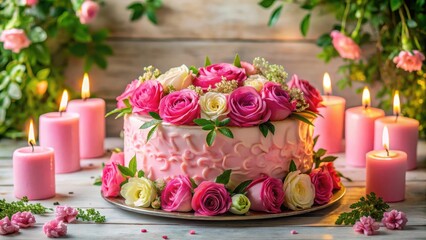 Colorful pink birthday cake with fresh rose petals arranged in a floral pattern on top, surrounded by candles and lush greenery, decorative desserts, spring bouquet