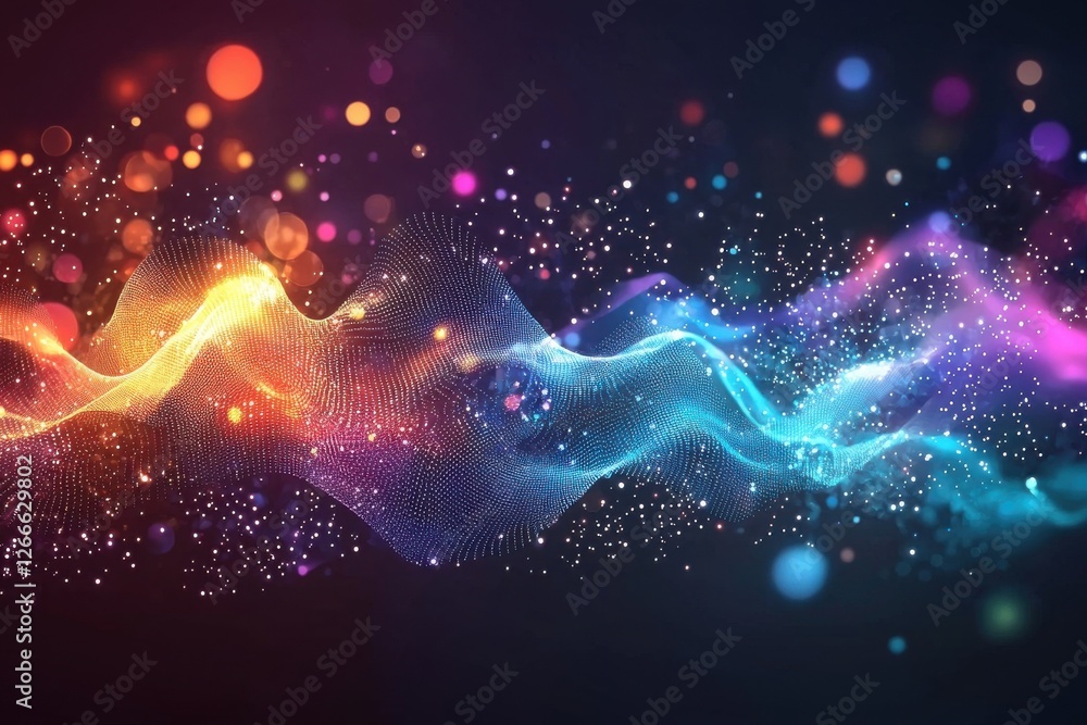 Poster abstract digital wave with colorful glowing spheres and connected points
