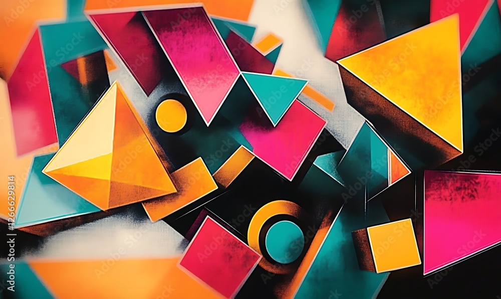 Poster a vibrant arrangement of colorful geometric shapes creating a dynamic visual effect