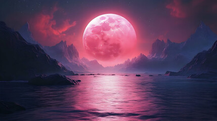 Pink Moon Over Mountainous Landscape