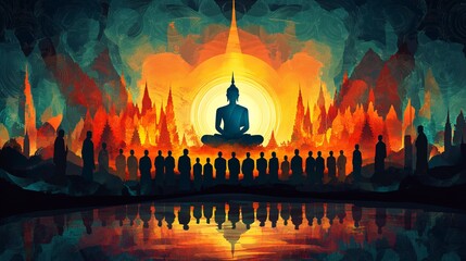 Serene Buddha Silhouette Amidst Colorful Spiritual Landscape