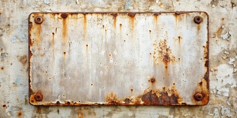 Rustic Weathered Metal Panel with Corrosion and Bolt Fasteners on a Textured Wall