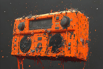 Orange boombox covered in paint splatters