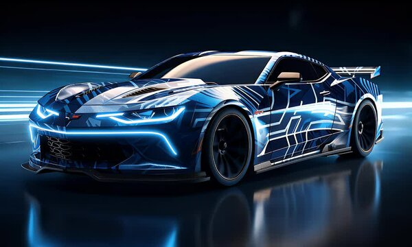 Futuristic sports car speeding, neon lights, night road, advert