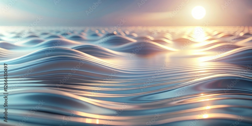 Poster serene metallic waves at sunset an abstract rendering of smooth, reflective undulations illuminated 