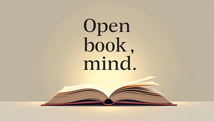 Minimalist, inspiring poster featuring “Open book, mind” in clean typography, with an open book emitting a soft glow for a thought-provoking touch.


