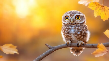 Obraz premium Autumnal Owl Perched on Branch in Golden Light
