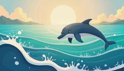 Obraz premium Charming dolphin swimming in serene ocean at sunset, joy of nature