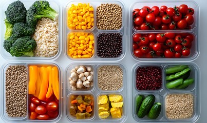 Colorful assortment of fresh vegetables and grains in containers for meal preparation. Summer Vegetables

