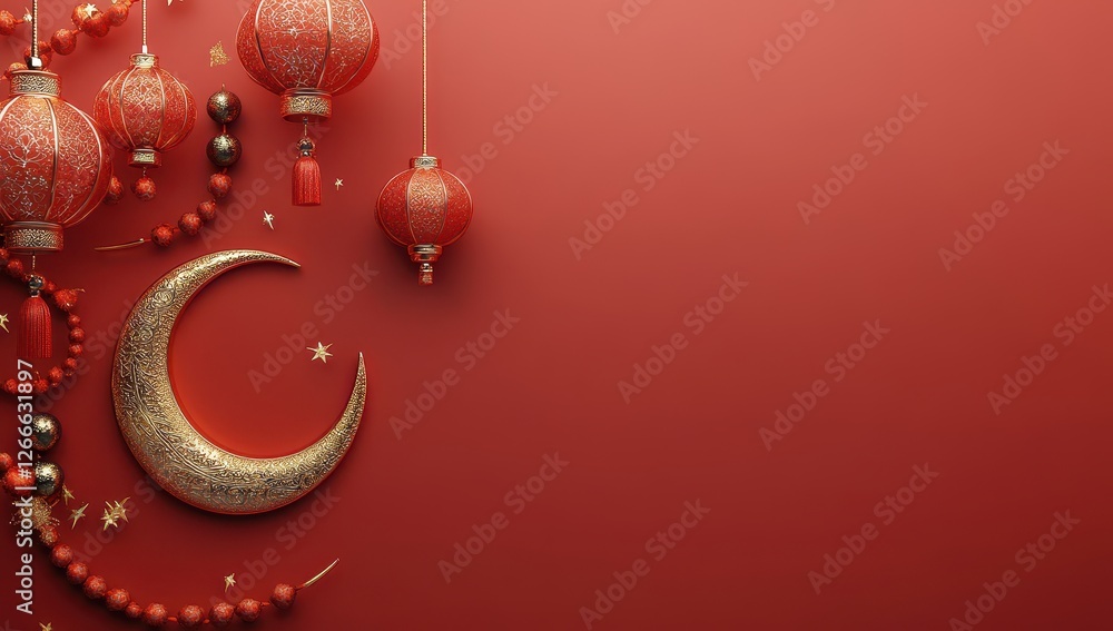 Aufkleber red and gold festive lanterns and crescent moon on red background